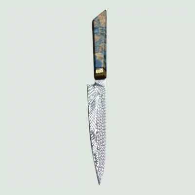 Close-up view of the sharp, high-quality powder metallurgy damascus steel blade of the Thelchtereia paring knife, showcasing its craftsmanship.