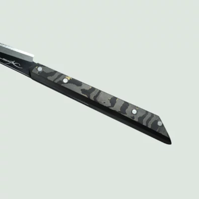 Tyndareus Stainless Steel Knife showcasing its full design, featuring a black-coated superfine stainless steel blade and gold carbon fiber handle.