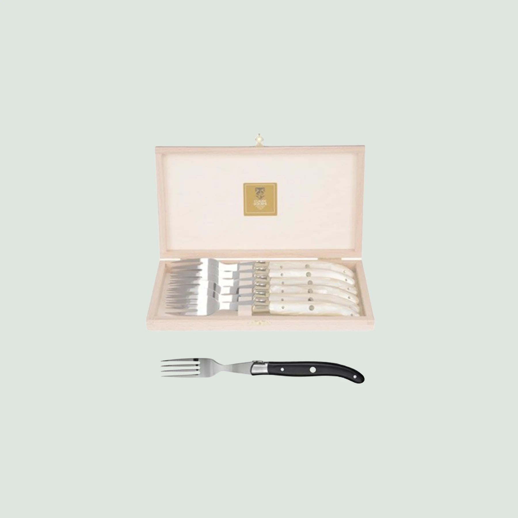 Set of 6 Laguiole steak forks with wooden handles and stainless steel bolsters in beech wood box