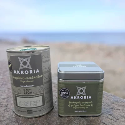 Organic Greek herbs from Ikaria in kraft packaging with clear label.