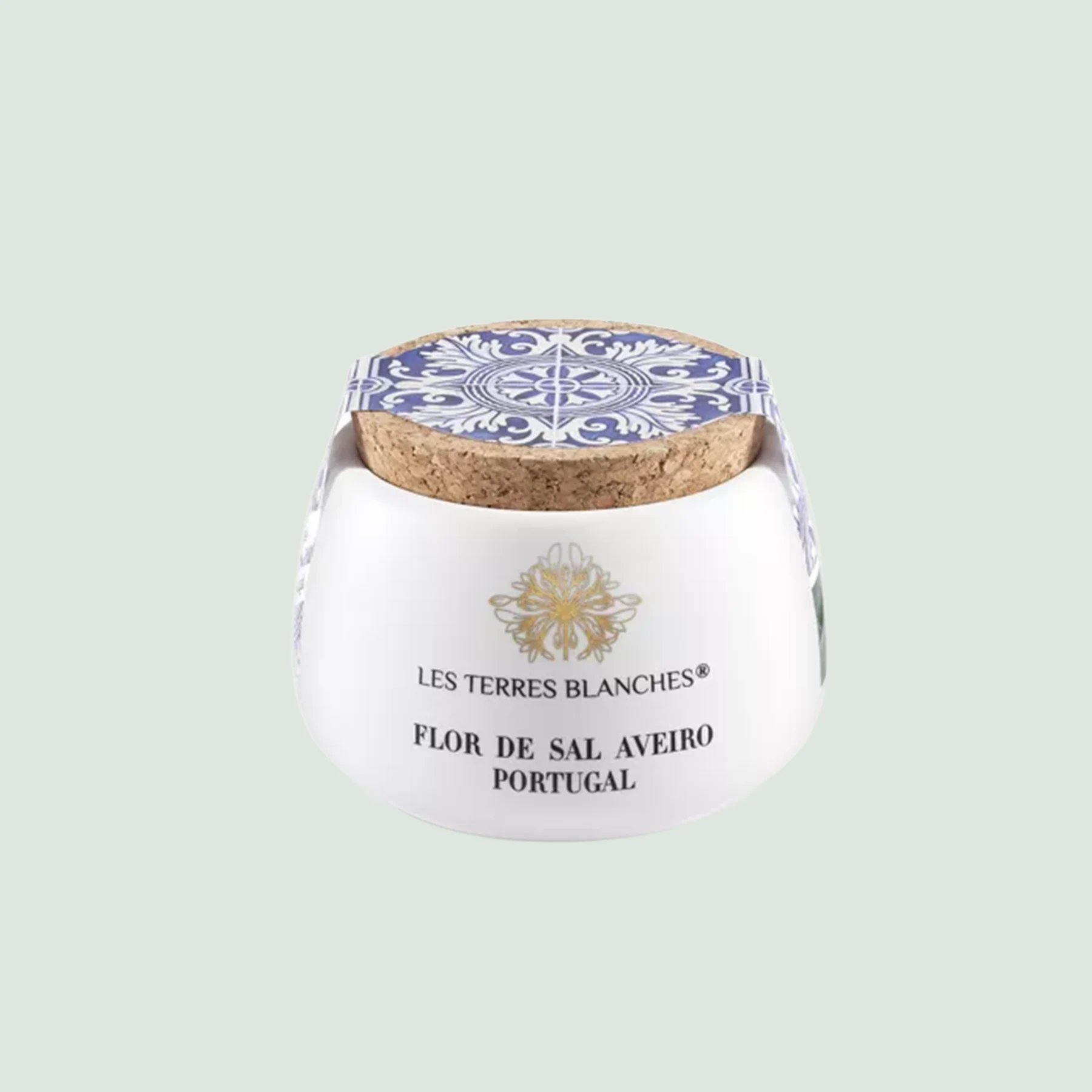 Portuguese Salt Flor de Sal de l'Aveiro in elegant ceramic pot with spoon