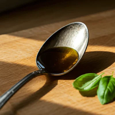 A spoon with Basil Infused Olive Oil, emphasizing the rich, golden hue of the premium oil.