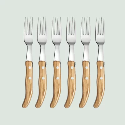 Box of 6 Berlingot forks with olive wood handles by Claude Dozorme