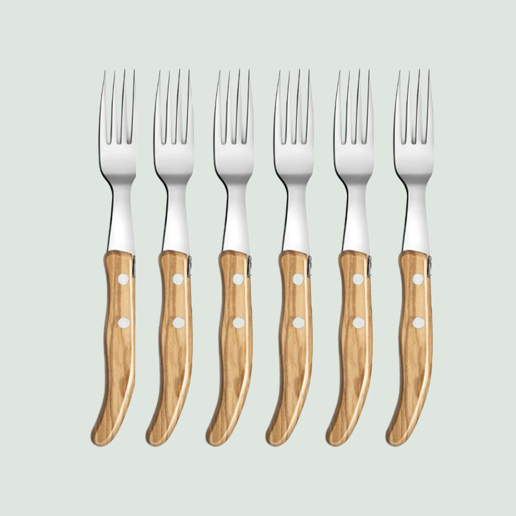 Box of 6 Berlingot forks with olive wood handles by Claude Dozorme