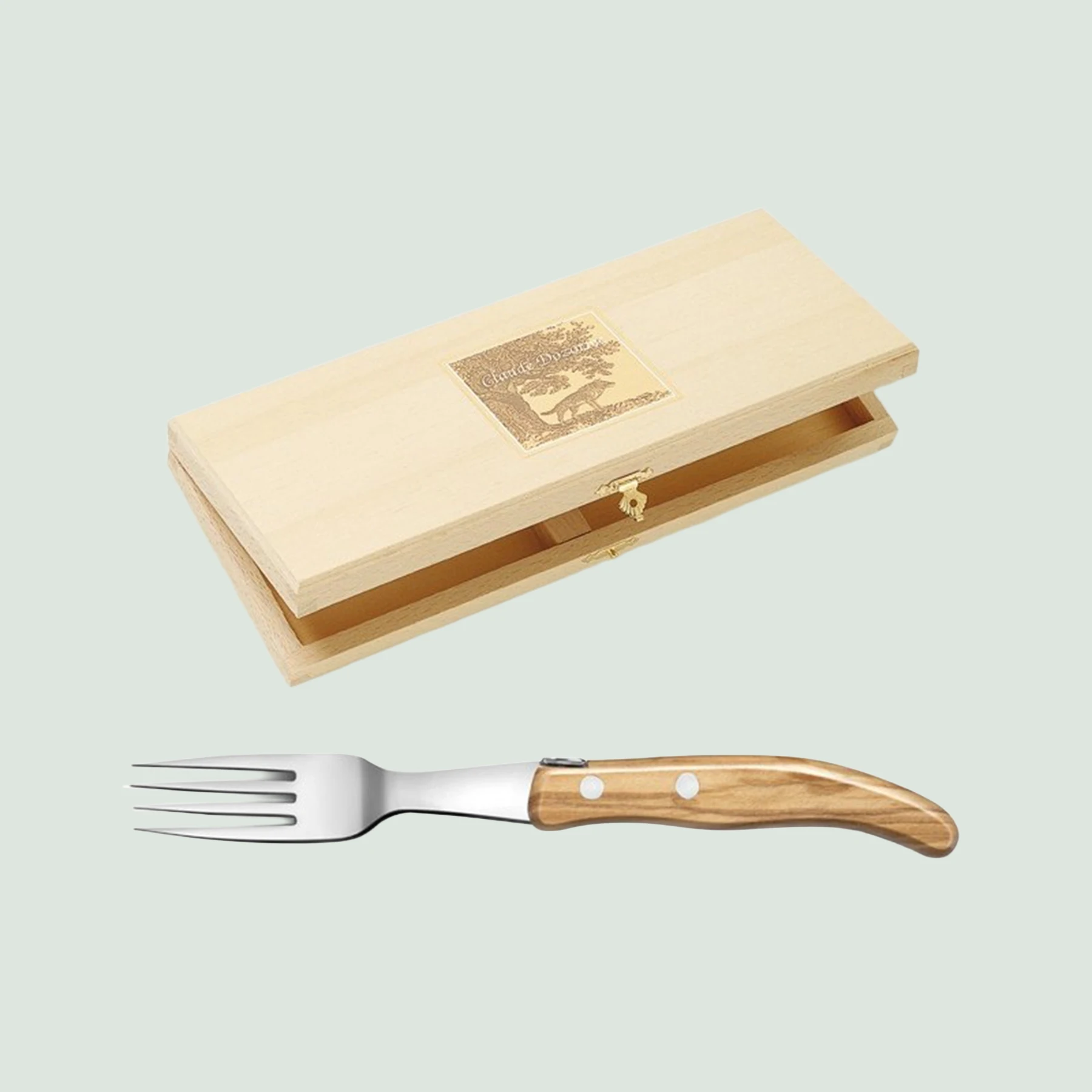Box of 6 Berlingot forks with olive wood handles by Claude Dozorme