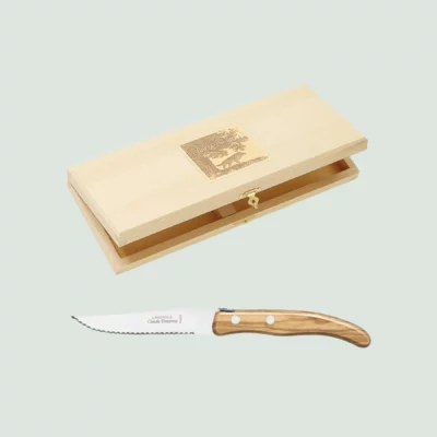 Box of 6 Berlingot steak knives with olive wood handles by Claude Dozorme
