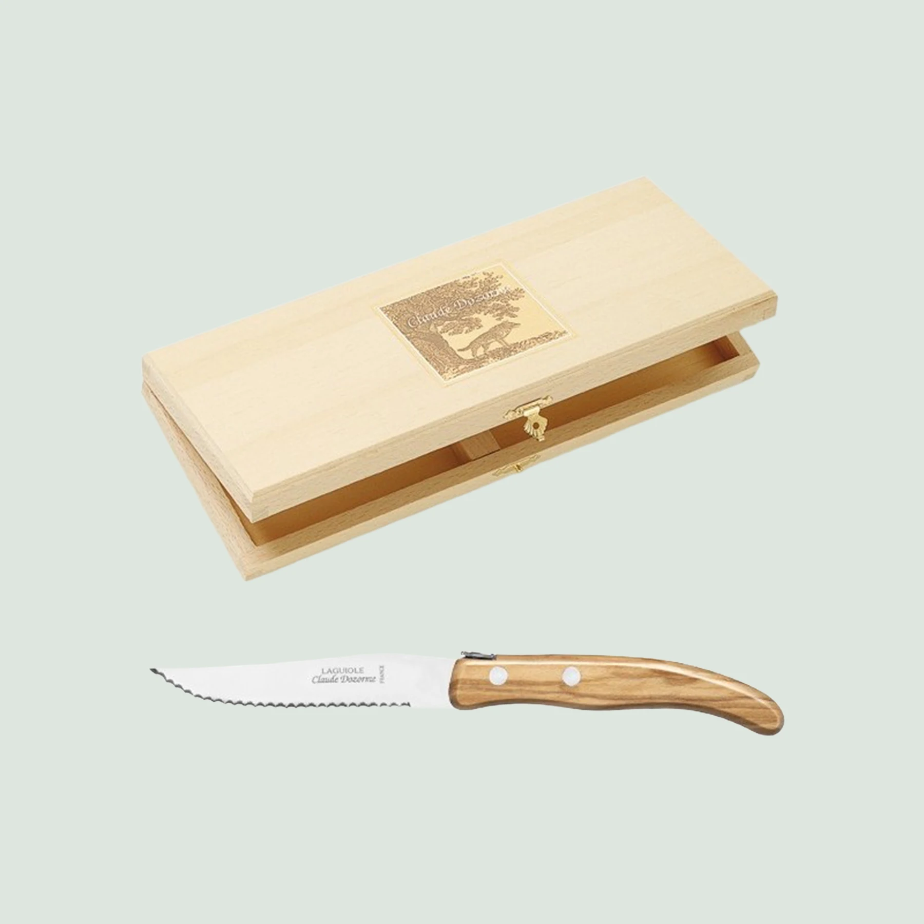 Box of 6 Berlingot steak knives with olive wood handles by Claude Dozorme