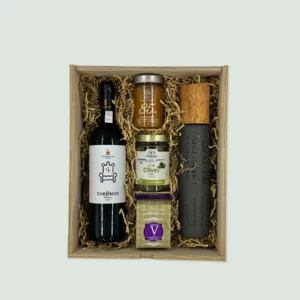 Gift Box 27 : Olive Oil - Jam - Honey - Olives - Wine in a nice wooden gift box