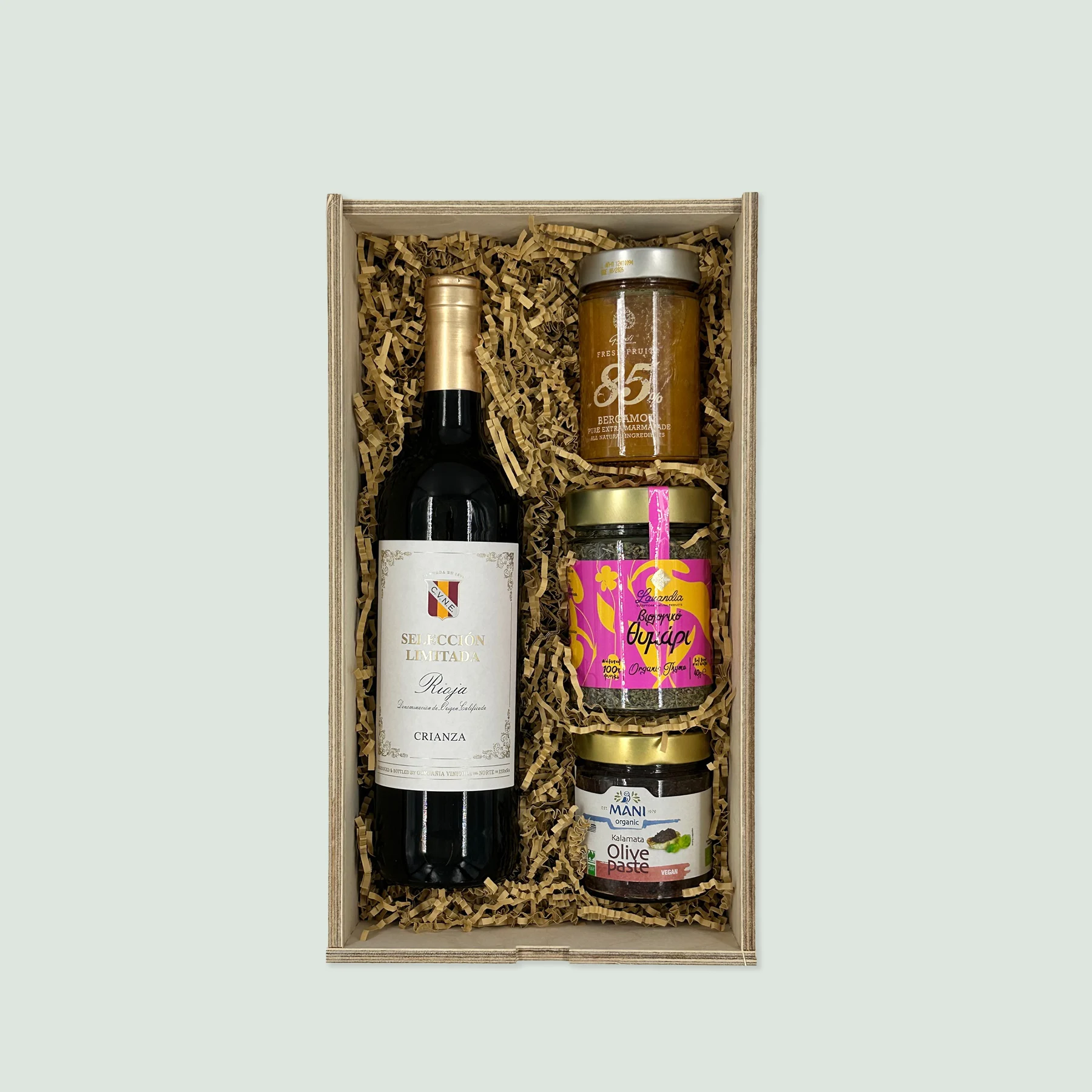 Gift Box 23 : Red Wine - Jam - Herbs - Olive Paste in wooden handcrafted box