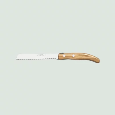 Close-up of the Claude Dozorme bread knife with colorful handle and serrated blade, handcrafted for precision slicing