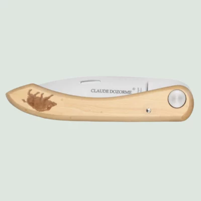 Capucin folding knife with boxwood handle engraved with wild boar