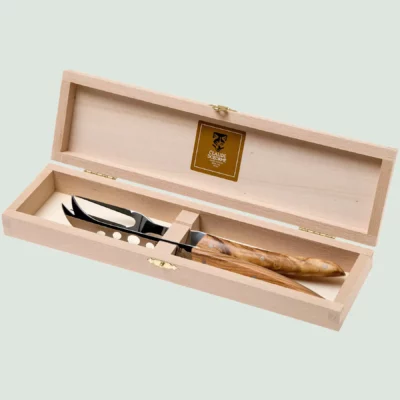 Claude Dozorme cheese knives set with olive wood handles in wooden box