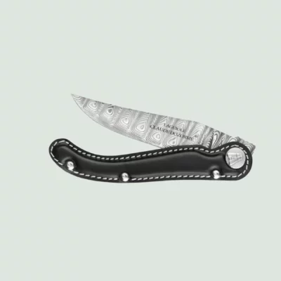 Scrapper Laguiole knife with Damascus blade and leather handle by Claude Dozorme