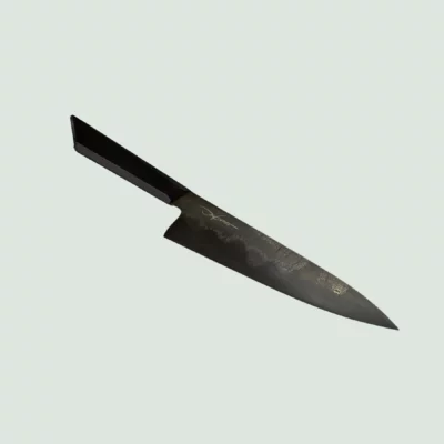 Full view of the Handmade Gyoto Knife Cinyras with intricate Damascus carbon steel pattern and ergonomic handle design.