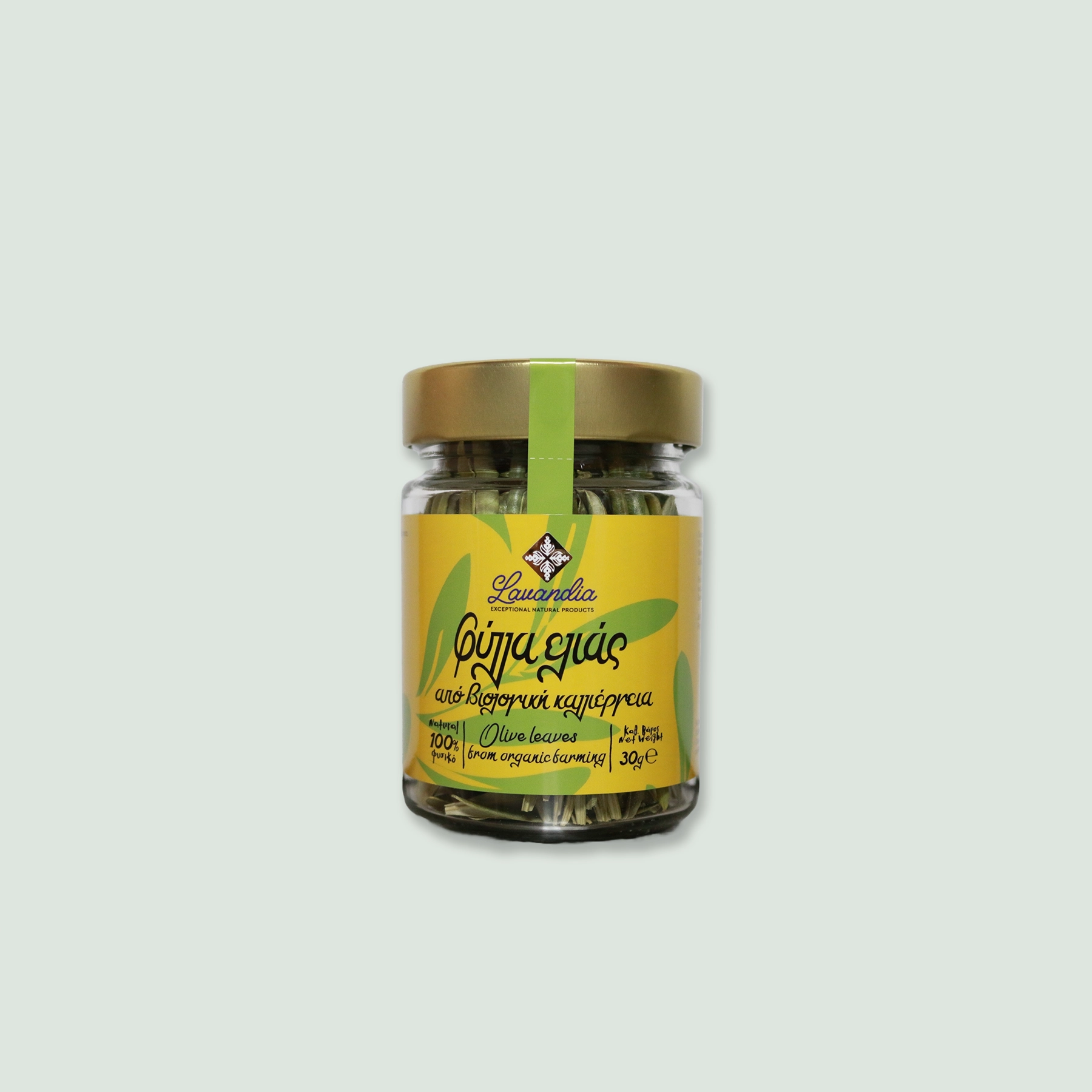 A 30g recyclable package of Lavandia Olive Tree Leaves, featuring a sleek, eco-friendly design with clear labeling.
