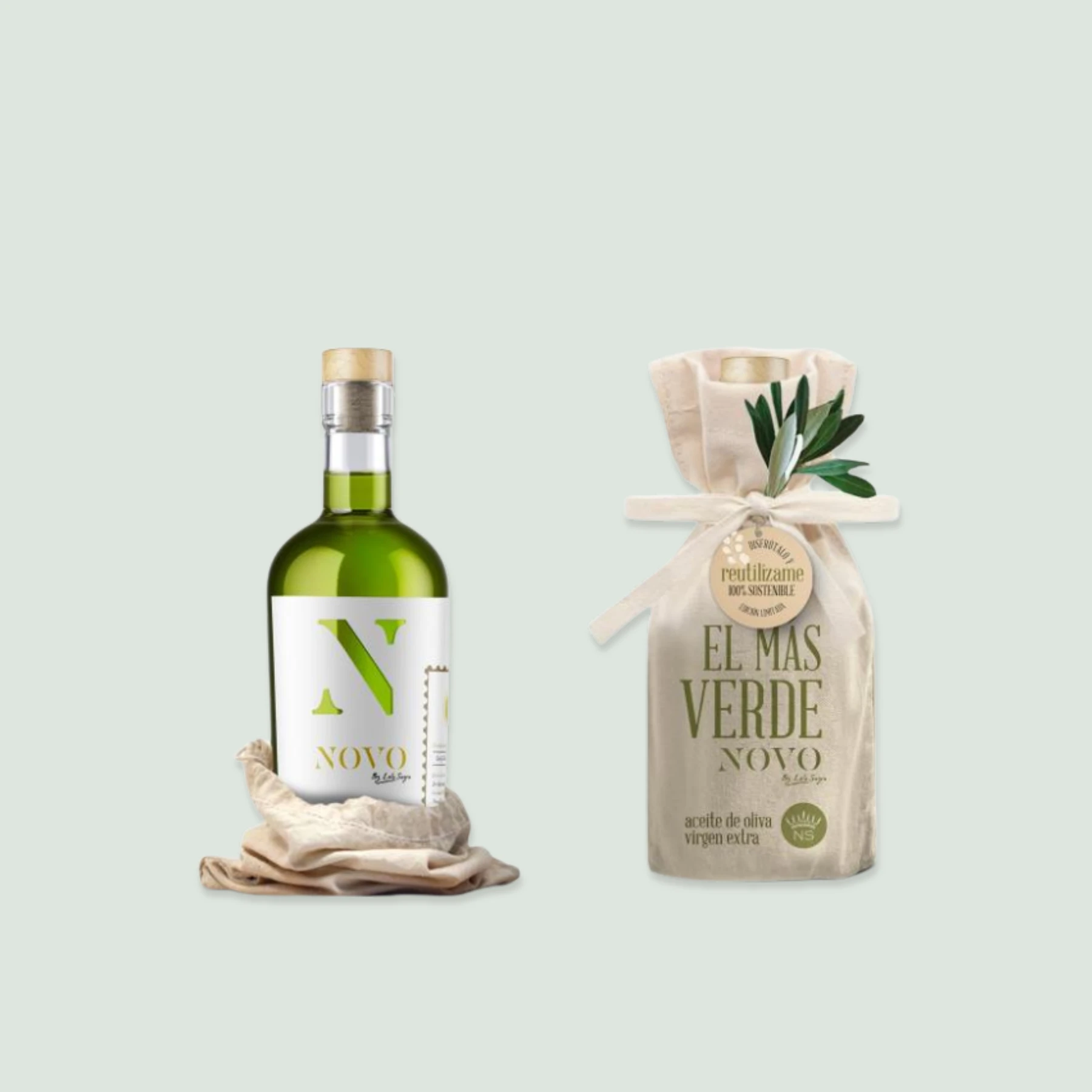 A bottle of El Más Verde Novo extra virgin olive oil showcasing its rich green color against a rustic background.