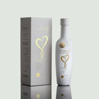 Eliama Daily Value Extra Virgin Olive Oil Gold Bundle displayed with its packaging box, showcasing the three bottles.