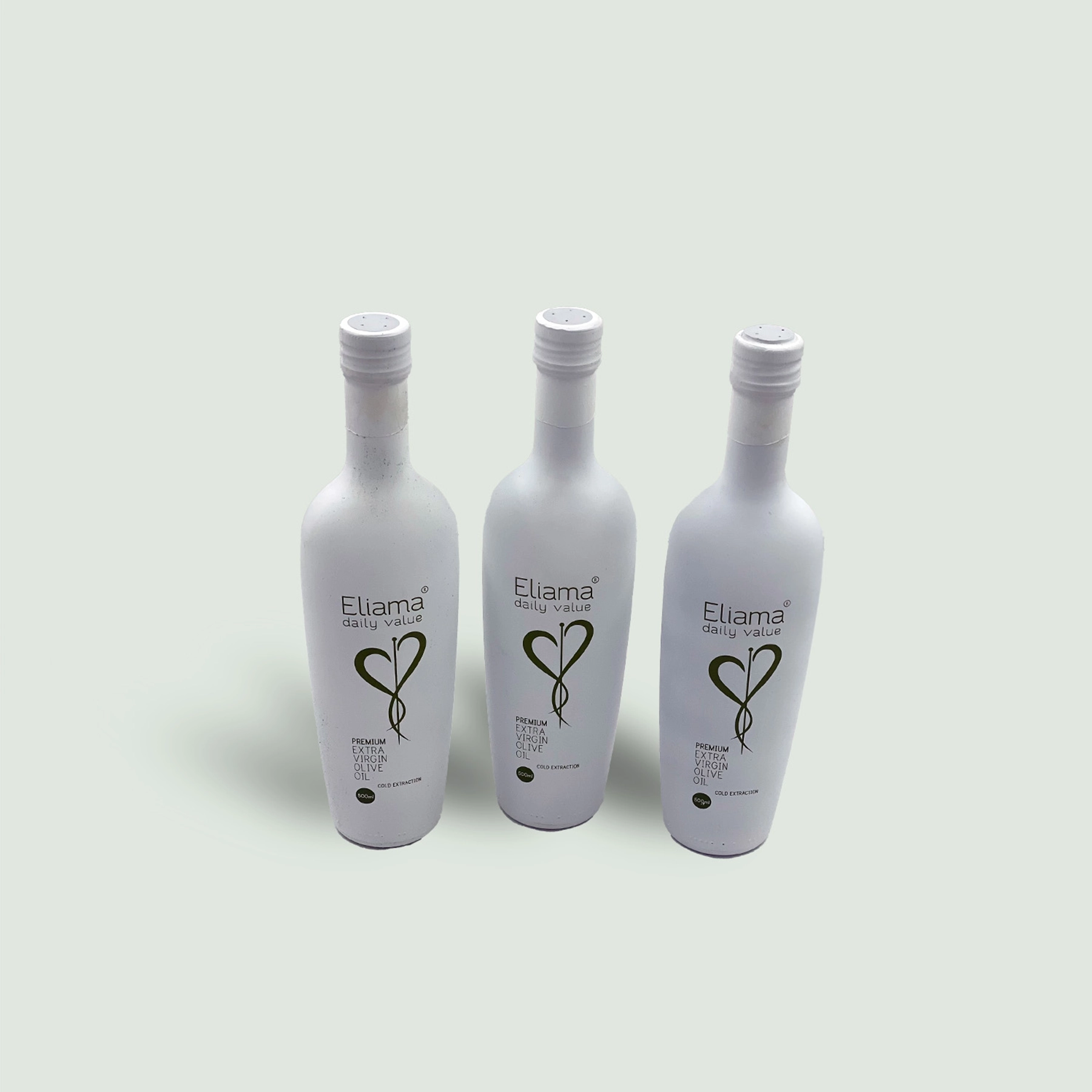 Front view of Eliama Daily Value Premium Best Olive Oil bottle, showcasing its elegant design and labeling.