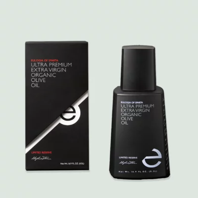 Bottle of Eulogia of Sparta Ultra Premium Organic Extra Virgin Olive Oil Limited Reserve, 500ml, showcasing its elegant design and label.