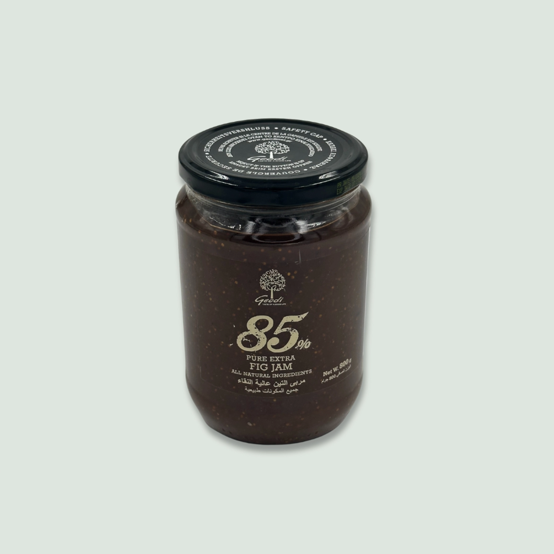 Front view of Geodi Fig Jam jar showcasing the brand label and fresh fig graphics.