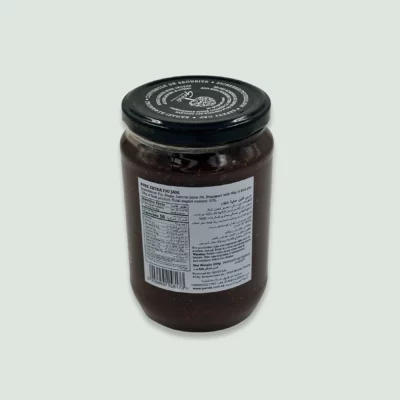 Back view of Geodi Fig Jam jar featuring detailed product information and company details.