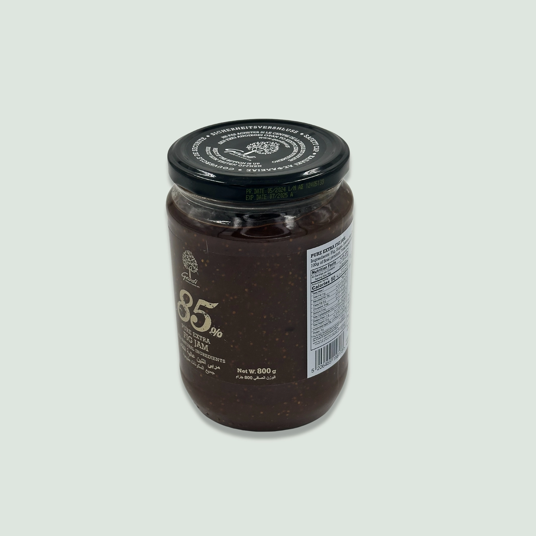 Side view of Geodi Fig Jam jar displaying nutritional information and ingredients list.