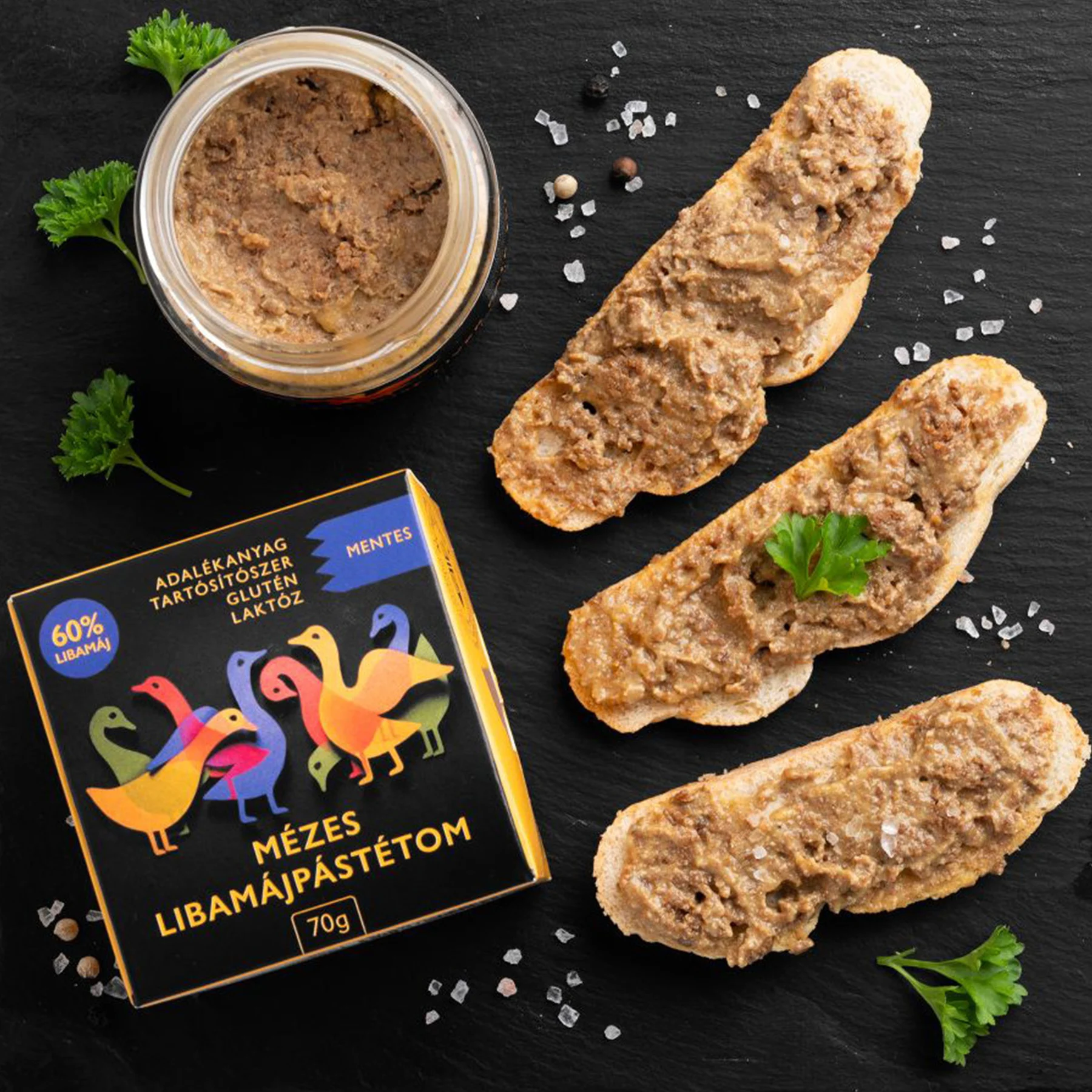 Royal Goose Liver Pate served on rustic bread with herbs,