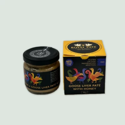Glass jar of Royal Goose Liver Pate with minimalist label, showcasing premium Hungarian goose liver and honey spread.