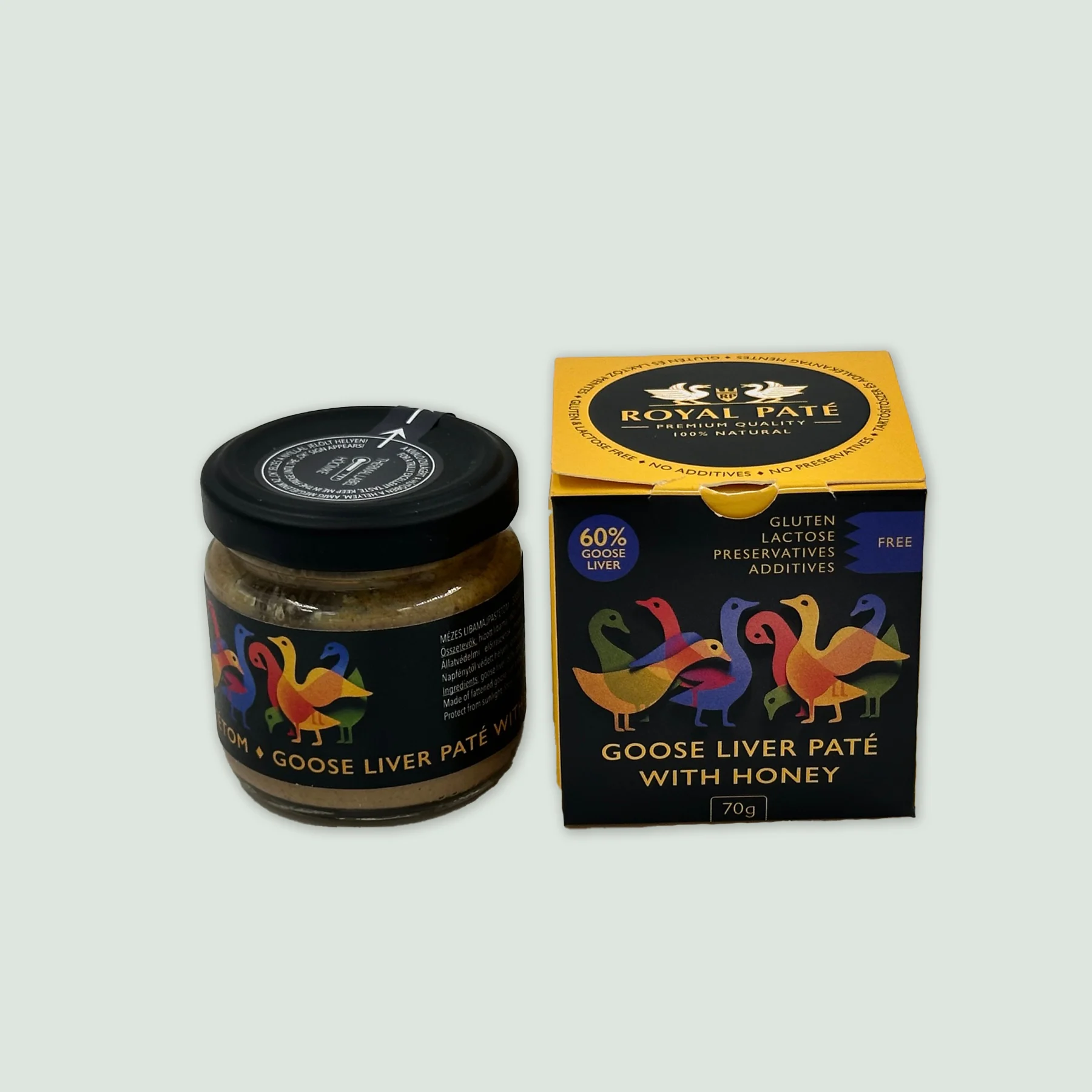 Glass jar of Royal Goose Liver Pate with minimalist label, showcasing premium Hungarian goose liver and honey spread.