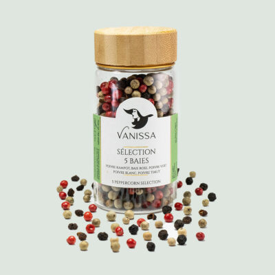 Embrace the luxurious world of gourmet spices with our premium 5 Premium Peppercorn Collection 40gr in a nice jar with wood lid .