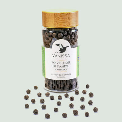 Embrace the luxurious world of gourmet spices with our premium Organic Kampot PGI Black Pepper 60gr in a nice jar with wood lid .