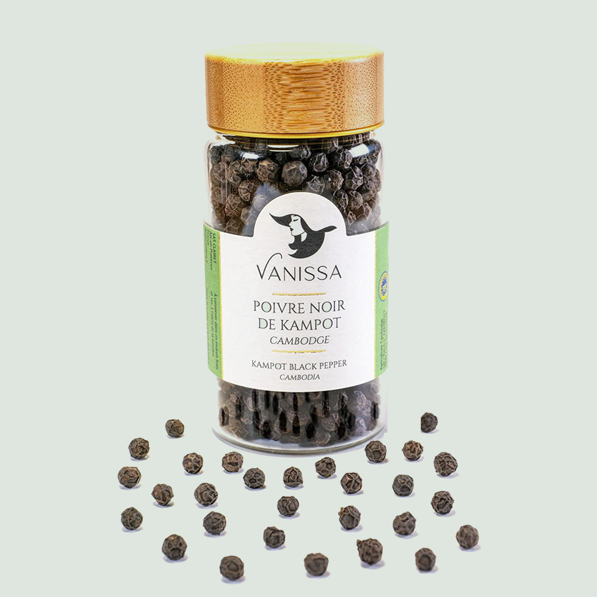 Embrace the luxurious world of gourmet spices with our premium Organic Kampot PGI Black Pepper 60gr in a nice jar with wood lid .