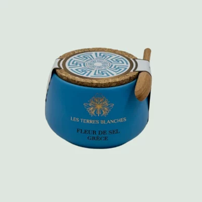 Greek Salt Fleur de Sel Grèce in ceramic Aegean blue pot with spoon – front view