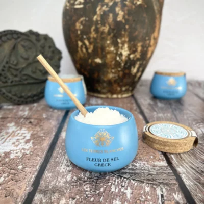 pure white fleur de sel crystals in ceramic pot