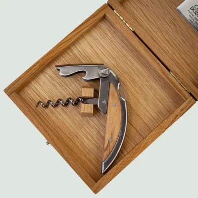 Claude Dozorme Haute Cuisine corkscrew with olive wood handle in oak box
