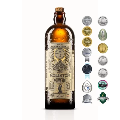 Holiston Limited Edition Premium High Phenolic Olive Oil bottle adorned with award badges, highlighting its international recognition for quality.
