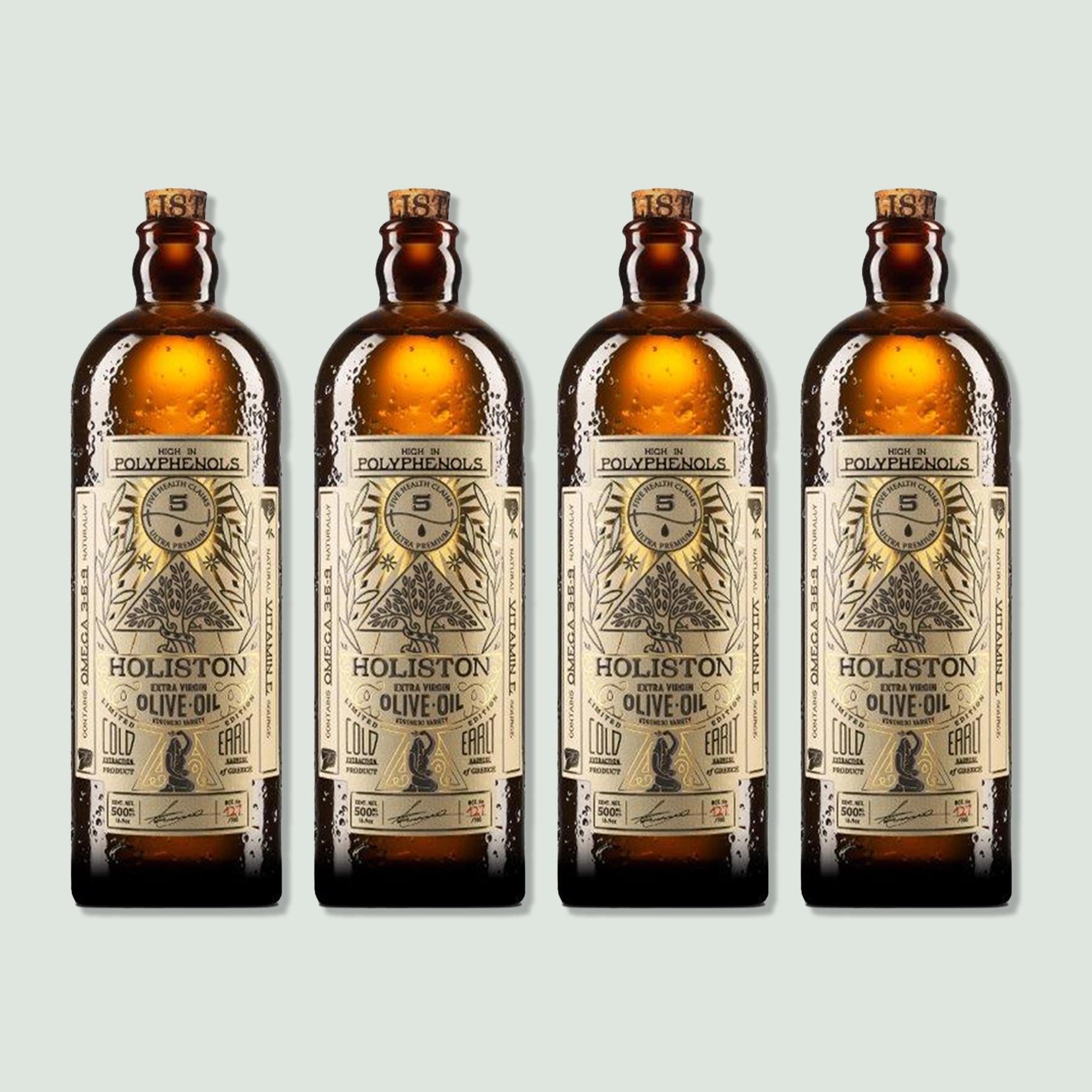 Four bottles of Holiston Best Olive Oil. The bottles are amber-colored with vintage-style labels indicating high polyphenol content, cold extraction, and early harvest. Each bottle has a capacity of 500ml.