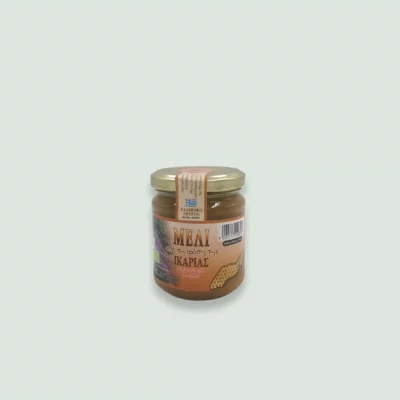 Ikarian Greek Heather Honey Organic 250gr jar on a simple background