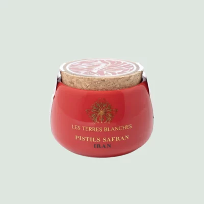 Ceramic jar of Iranian Negin saffron with red glossy finish