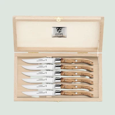 Claude Dozorme Laguiole steak knives in open beech wood box