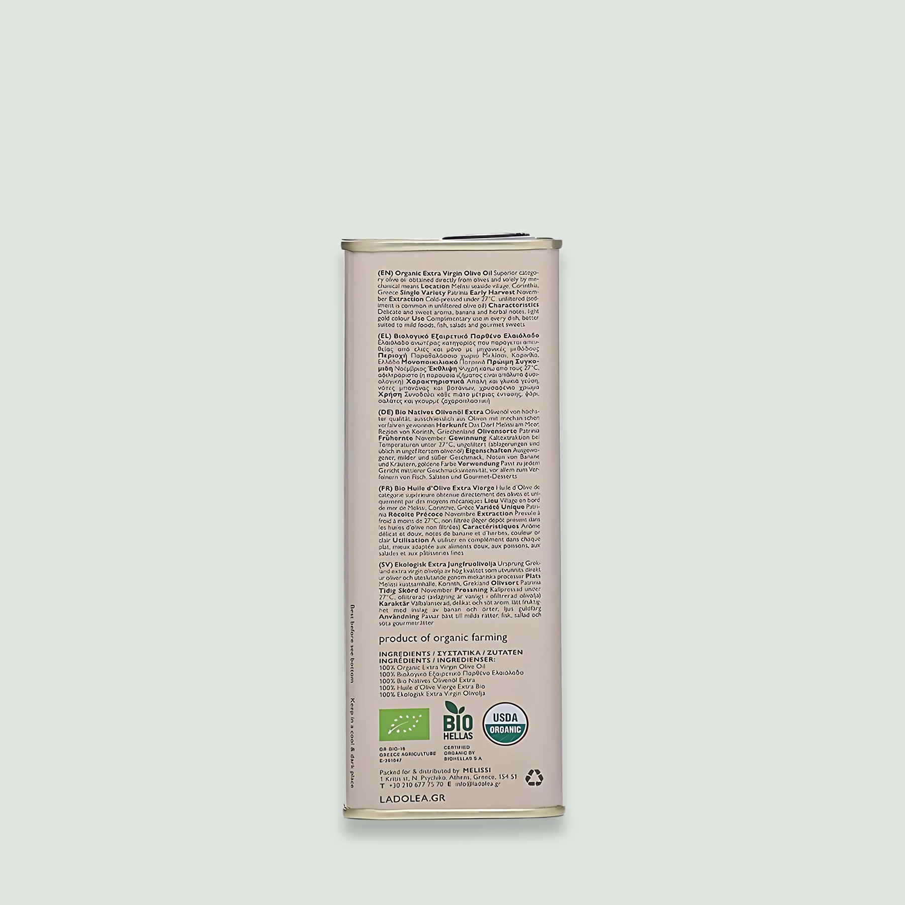 Ladolea Organic Extra Virgin Olive Oil 500ml Tin – Delicate Patrinia Variety - Image 3