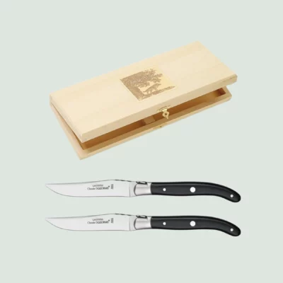 Set of 2 Claude Dozorme Laguiole knives in beech wood box
