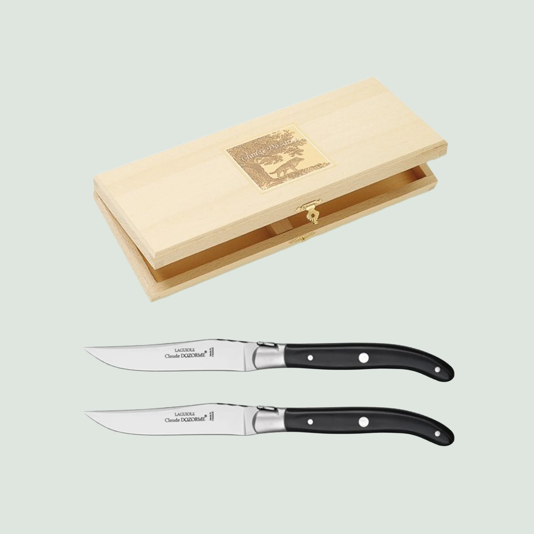 Set of 2 Claude Dozorme Laguiole knives in beech wood box