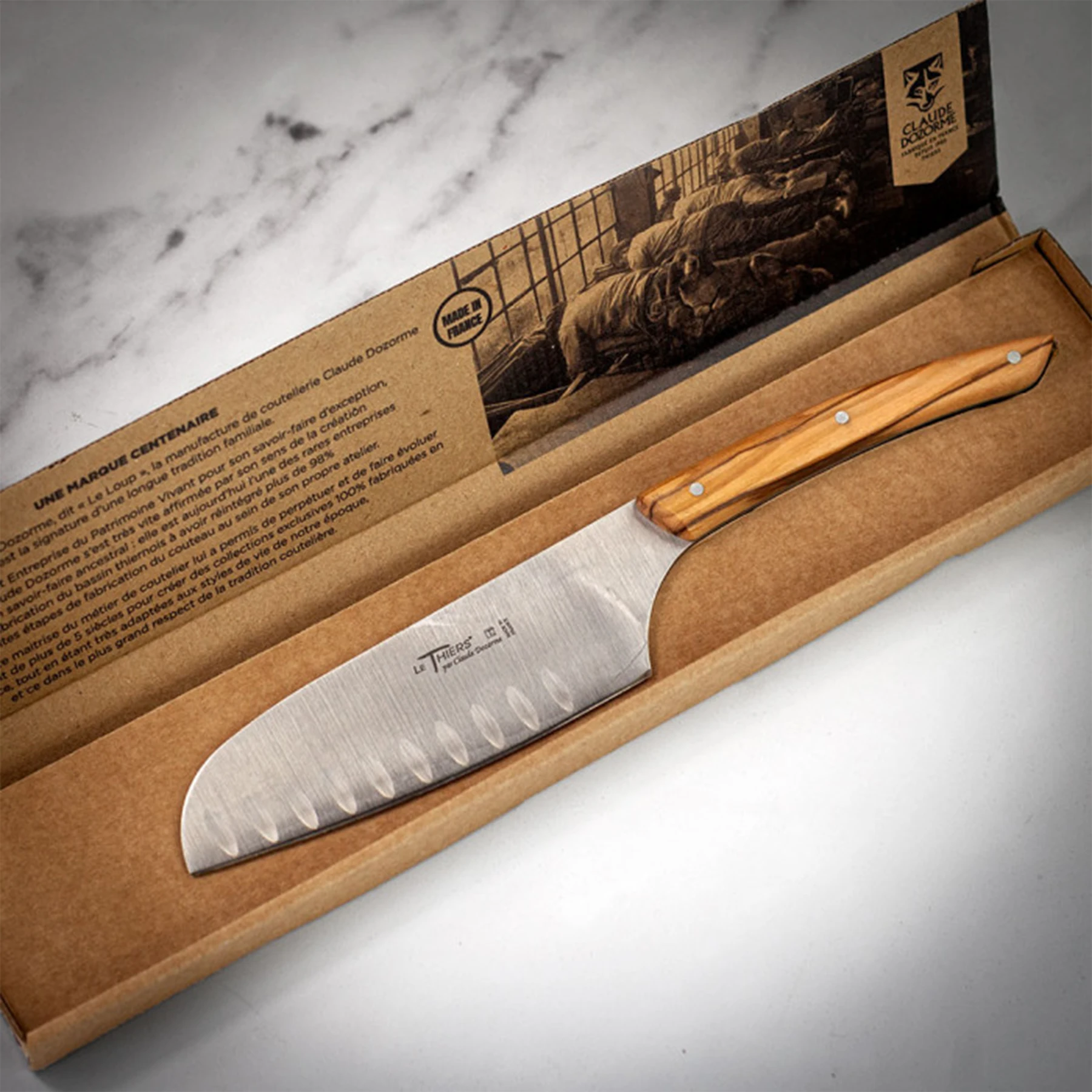 Le Thiers Santoku Knife with Olive Wood Handle by Claude Dozorme in a box
