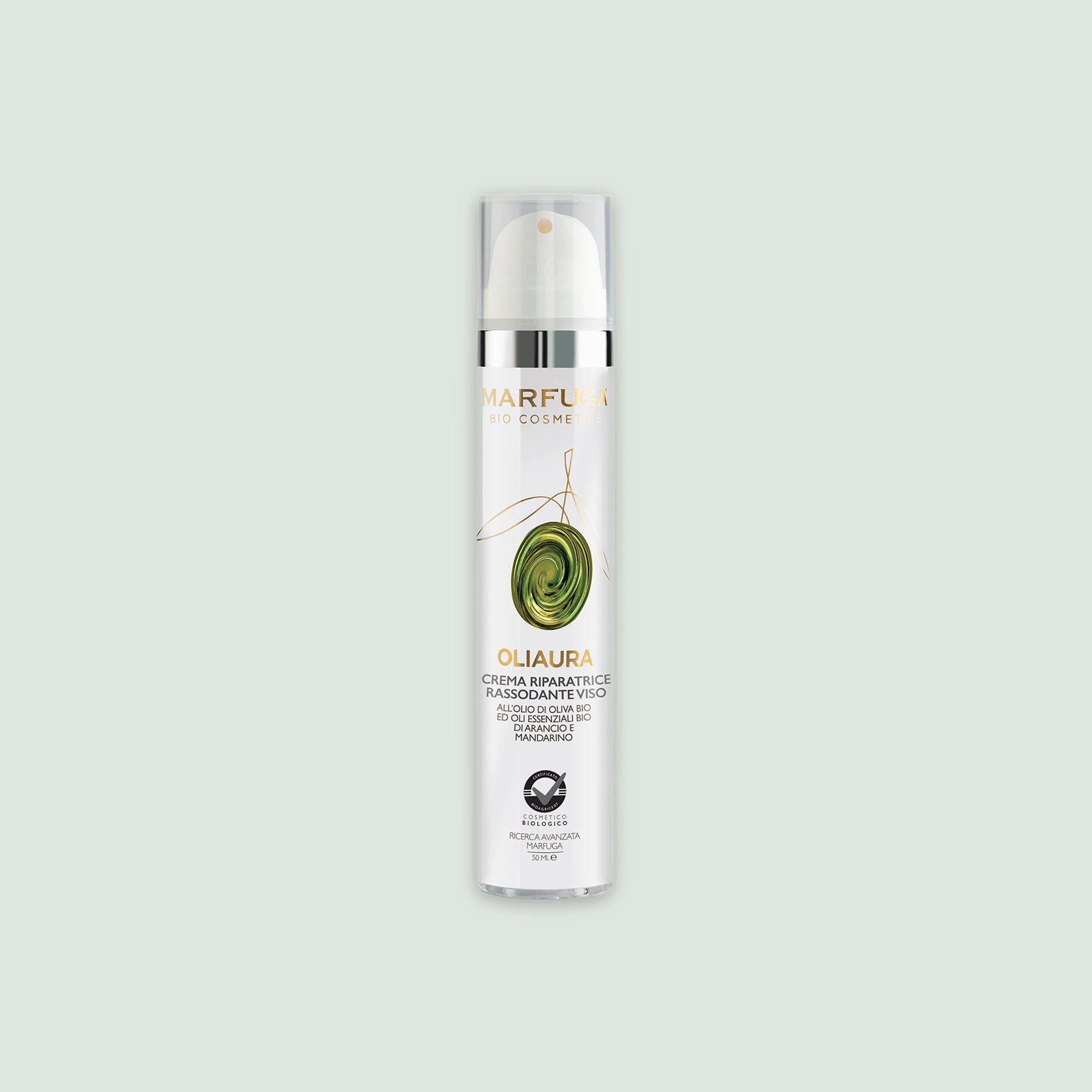 A sleek bottle of OLIAURA Repairing and Toning Face Cream, showcasing its elegant design and rich formulation.