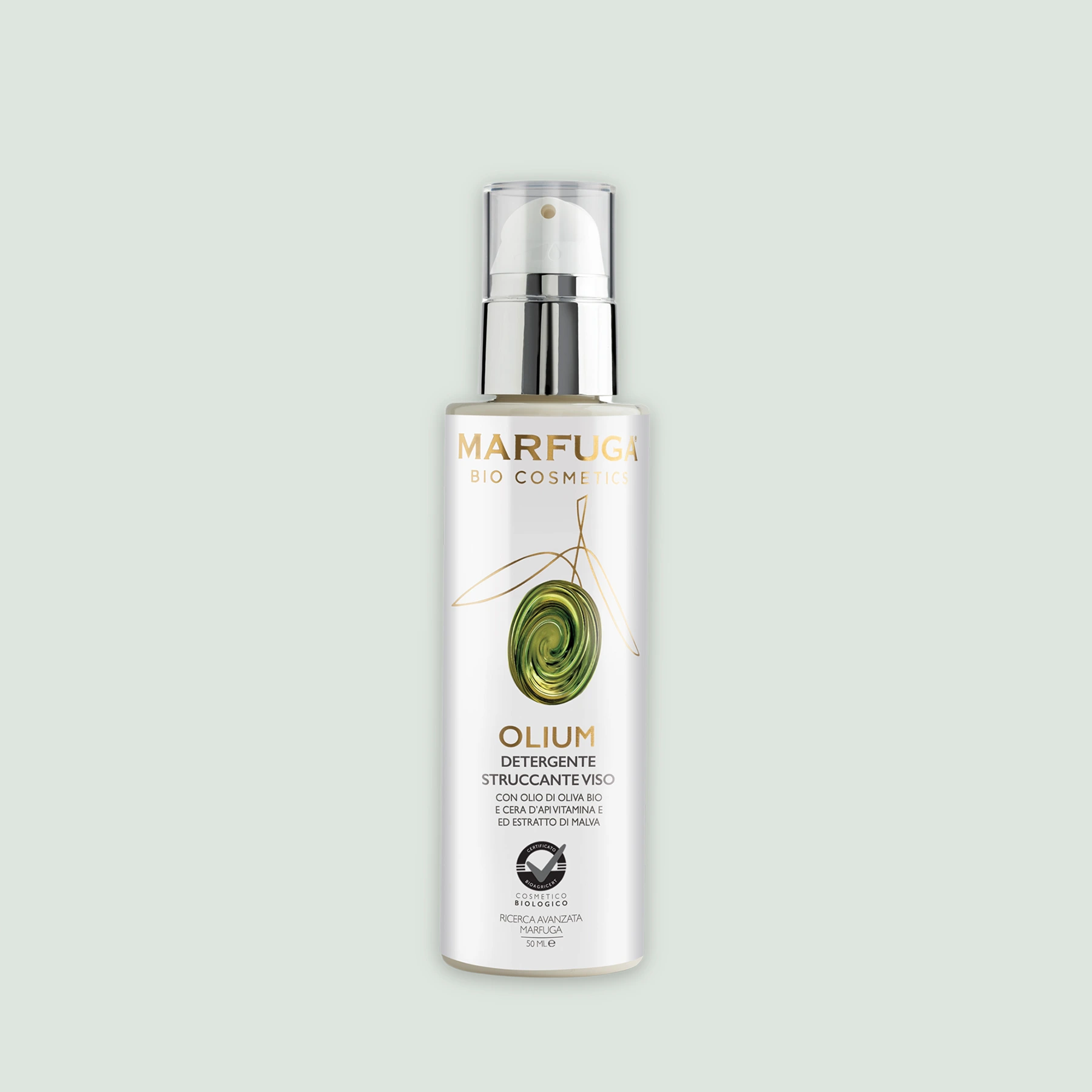 Close-up of the Olium Make-Up Remover bottle with organic EVOO, beeswax, vitamin E, and mauve extract.