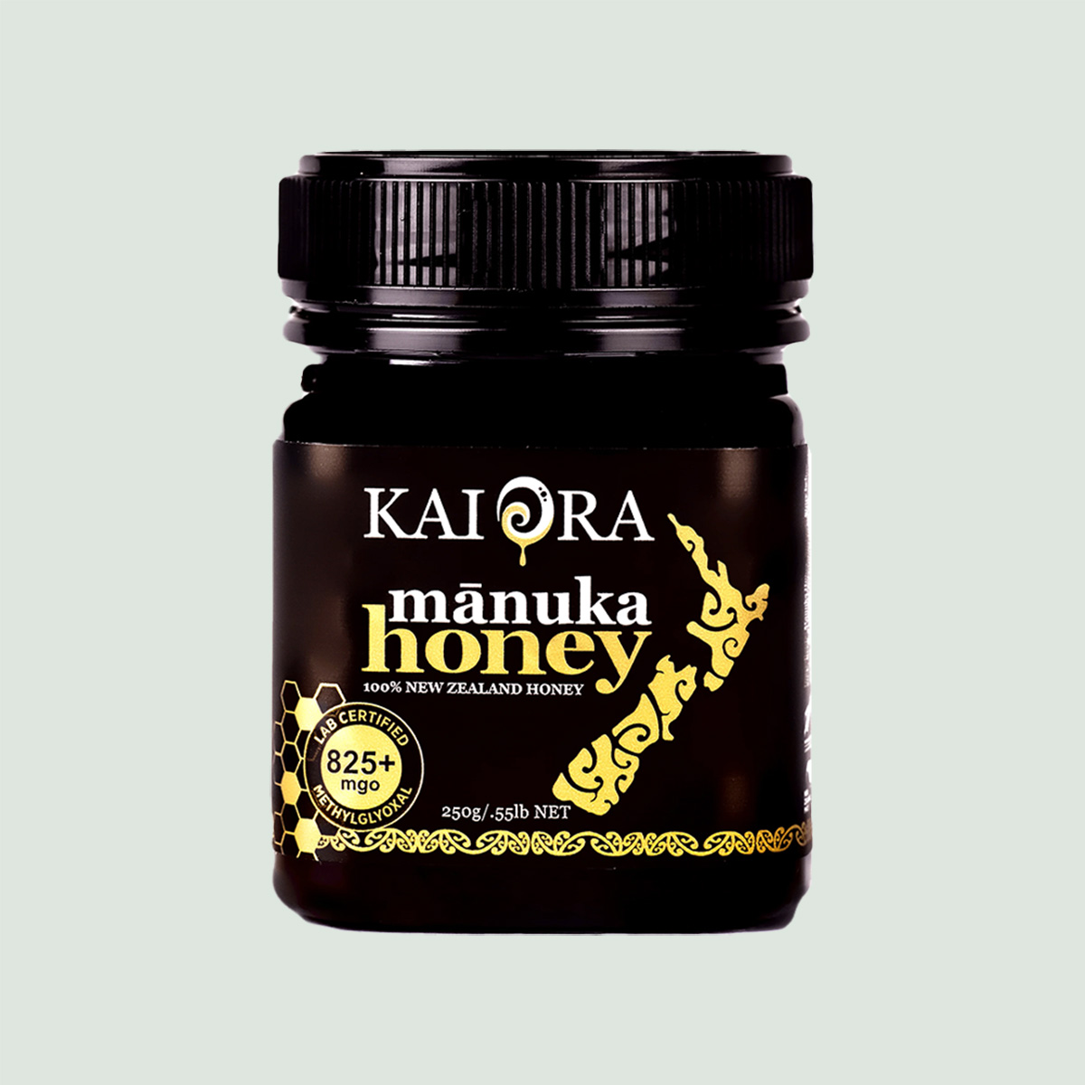 MGO 825+ Kai Ora Manuka Honey in a black plastic jar