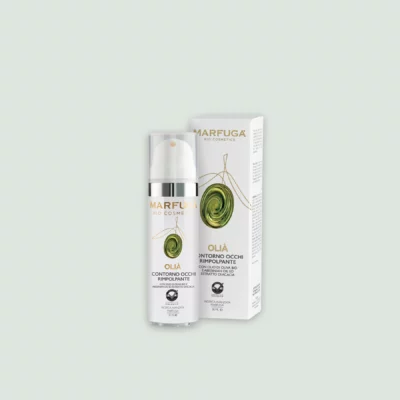 OLIÀ Eye Cream displayed with its eco-friendly box, emphasizing key ingredients such as Abyssinian Oil for hydration and nourishment.