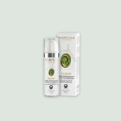 The OLIGAR Anti-Aging Serum bottle displayed alongside its packaging, highlighting the product's branding and organic ingredients.