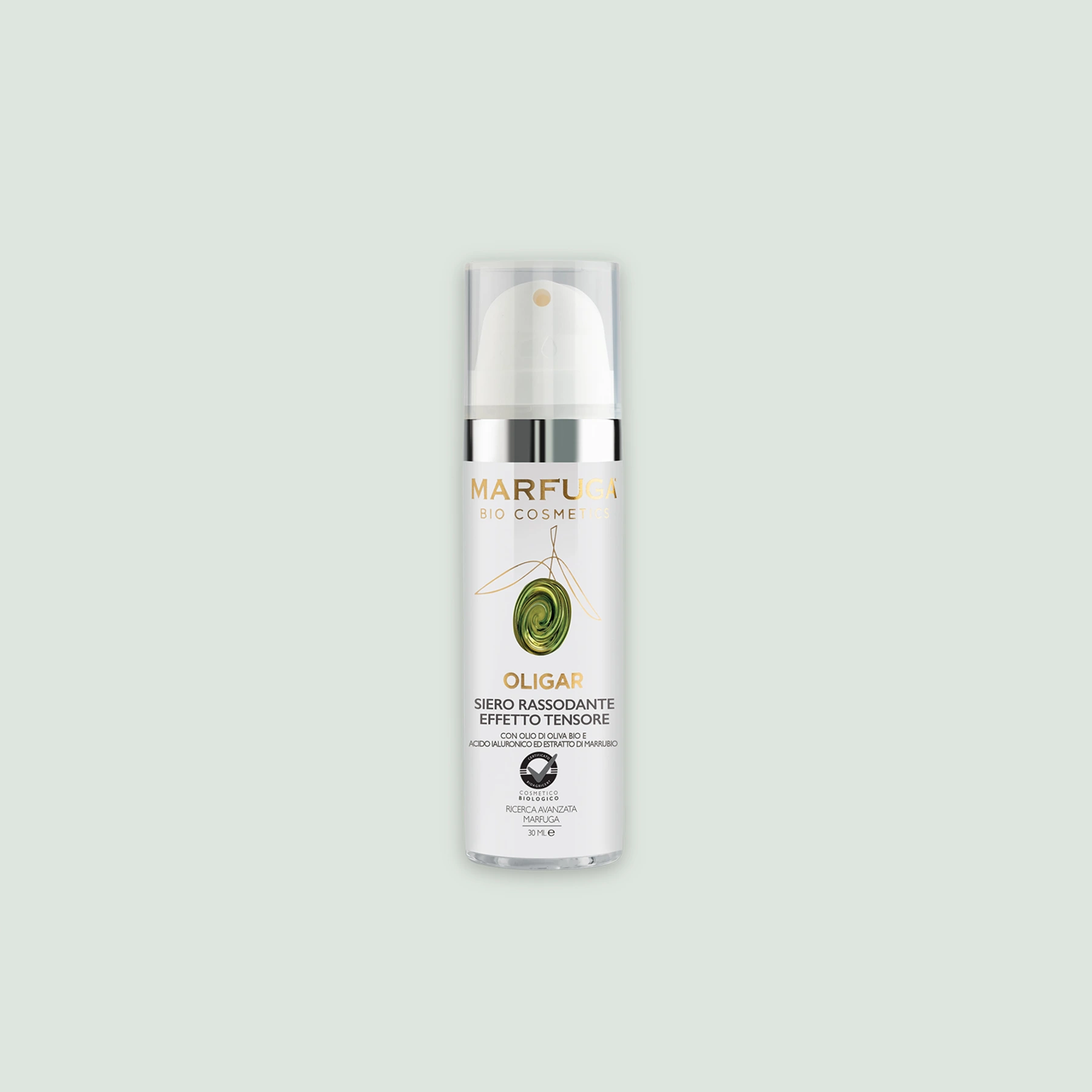 A close-up of the OLIGAR Anti-Aging Serum bottle showcasing its elegant design and label featuring bio EVOO, hyaluronic acid, and horehound extract.